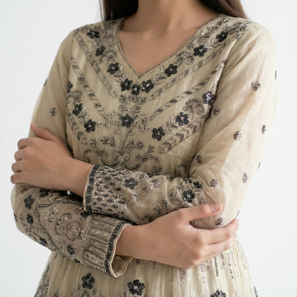 Beige Heavy Embroidered Net Suit