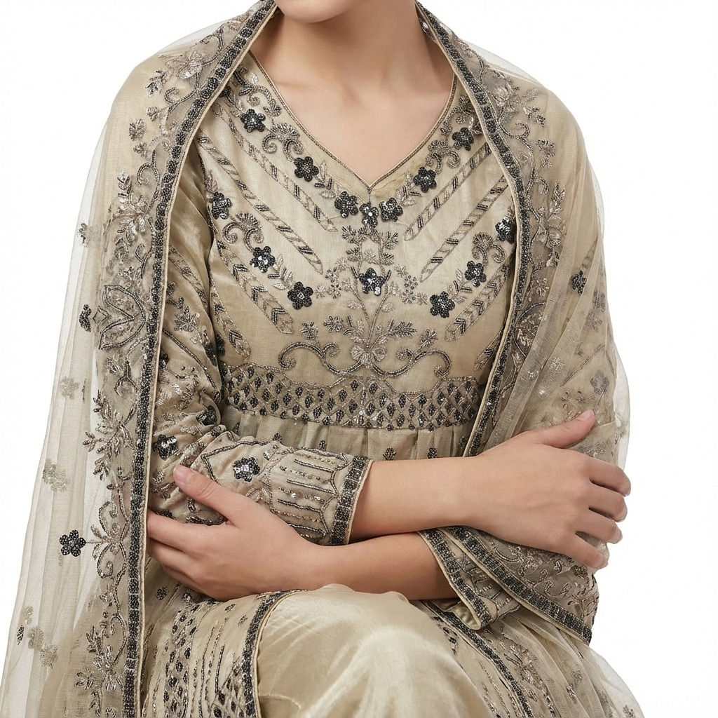 Beige Heavy Embroidered Net Suit