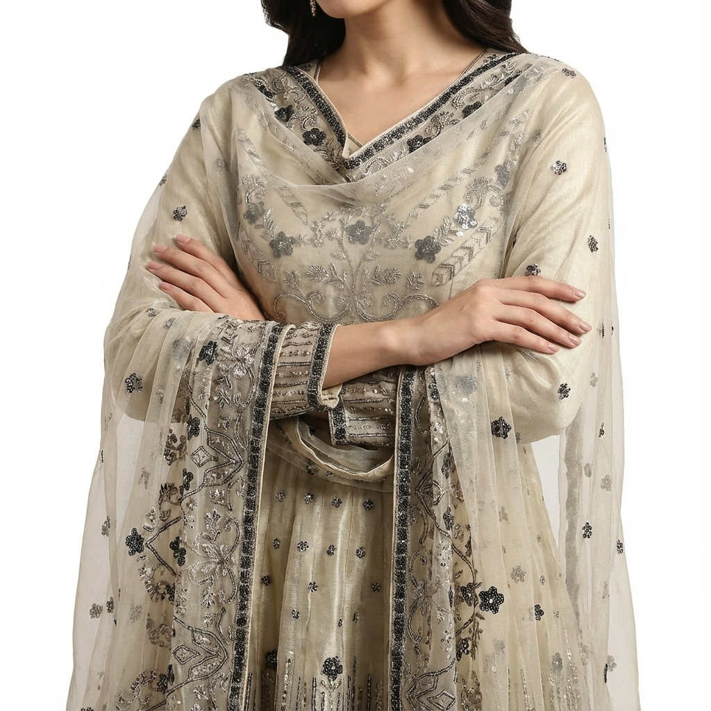 Beige Heavy Embroidered Net Suit