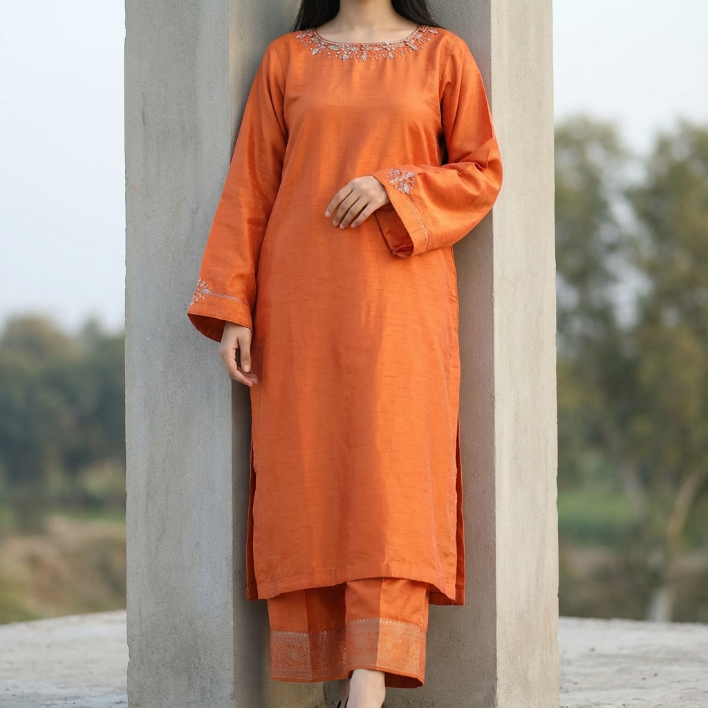 Mustard Brown Silk Hand Embroidered 2-Piece Suit with Banarsi Trouser