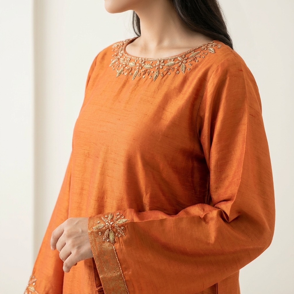 Mustard Brown Silk Hand Embroidered 2-Piece Suit with Banarsi Trouser