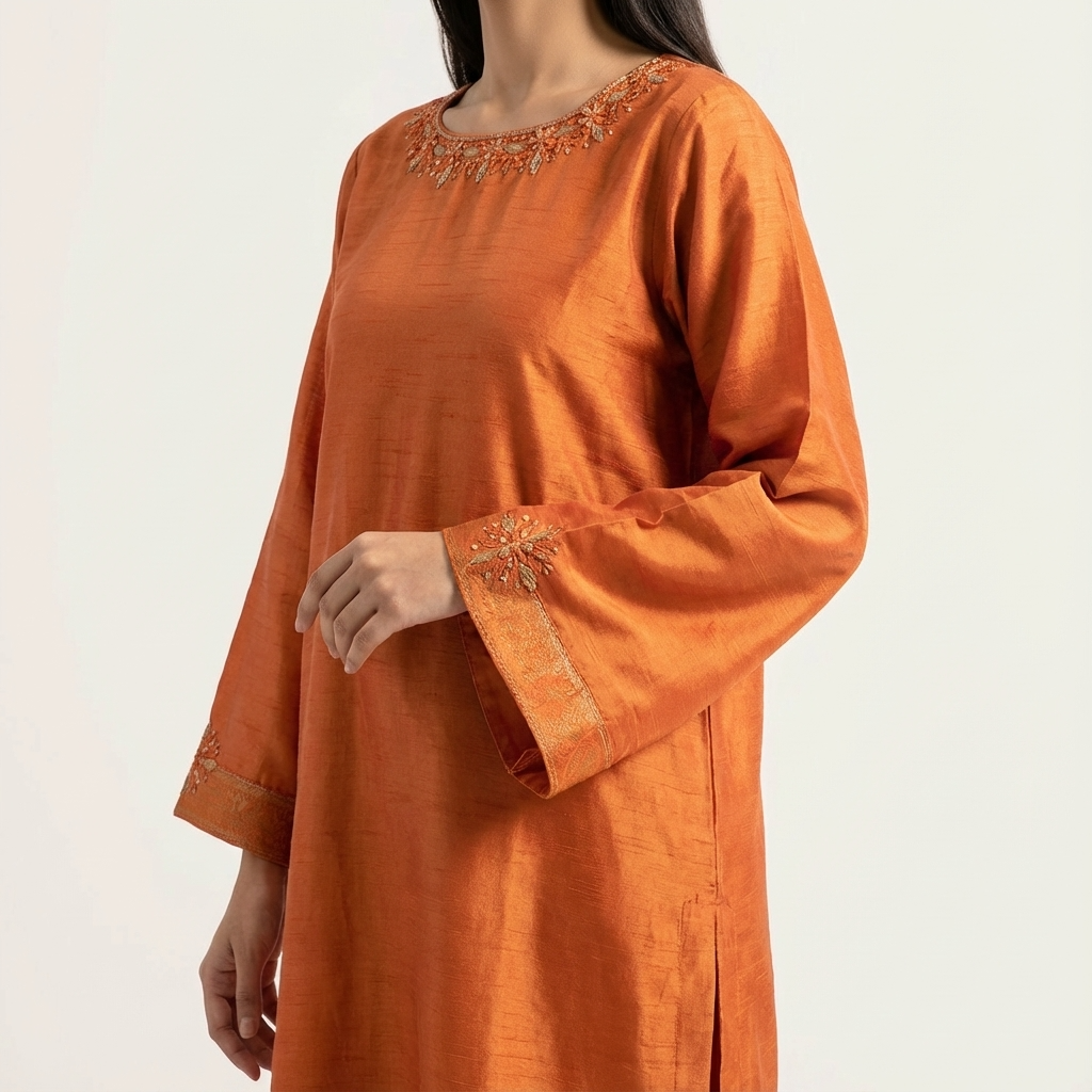 Mustard Brown Silk Hand Embroidered 2-Piece Suit with Banarsi Trouser