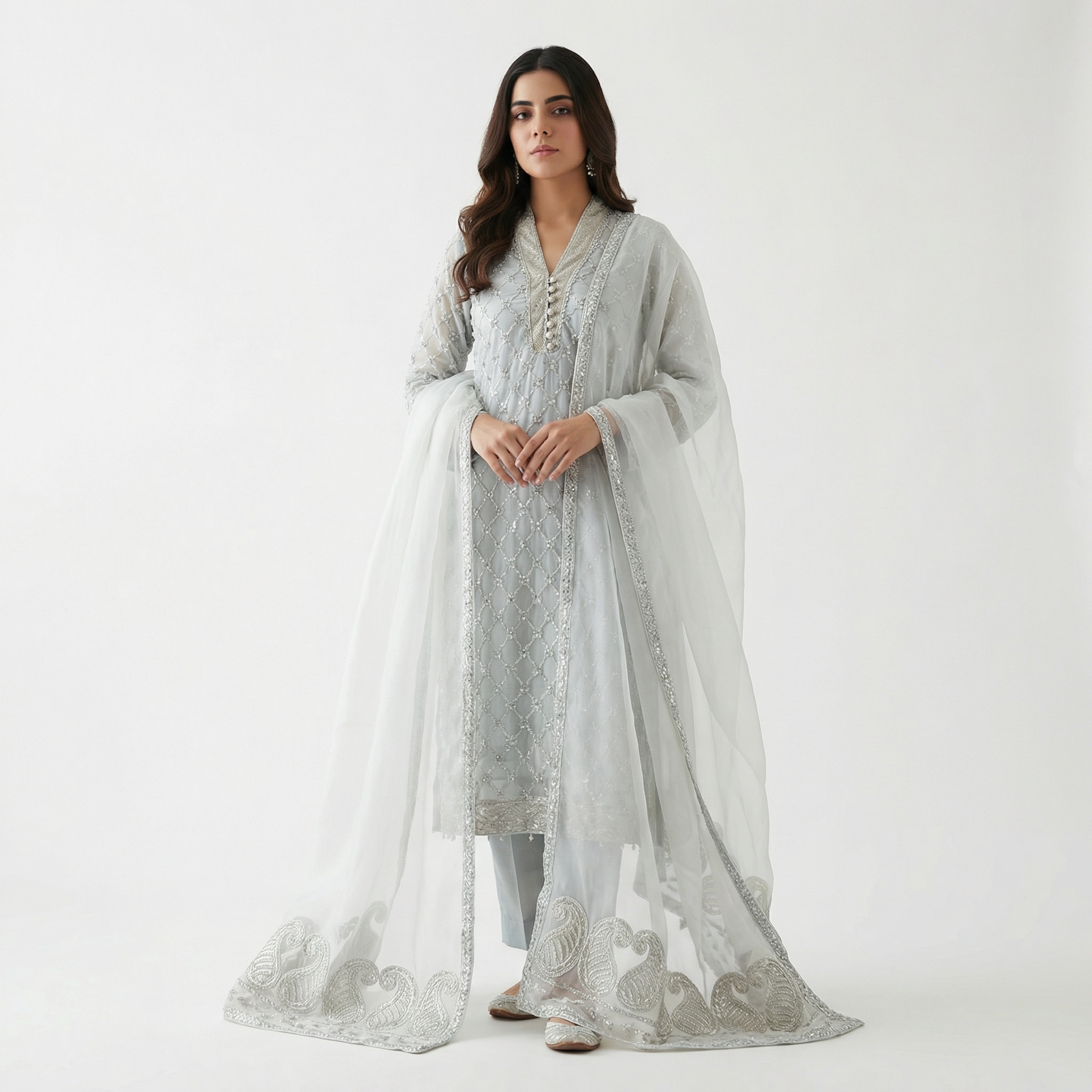 White Silver Embroidered 3-Piece Suit