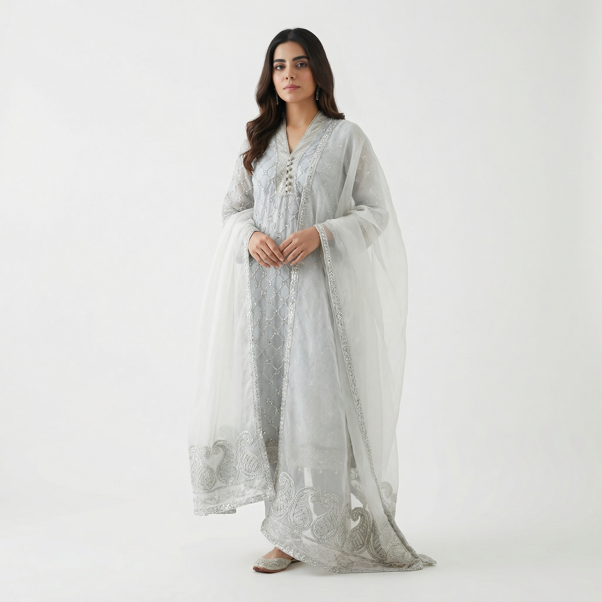 White Silver Embroidered 3-Piece Suit