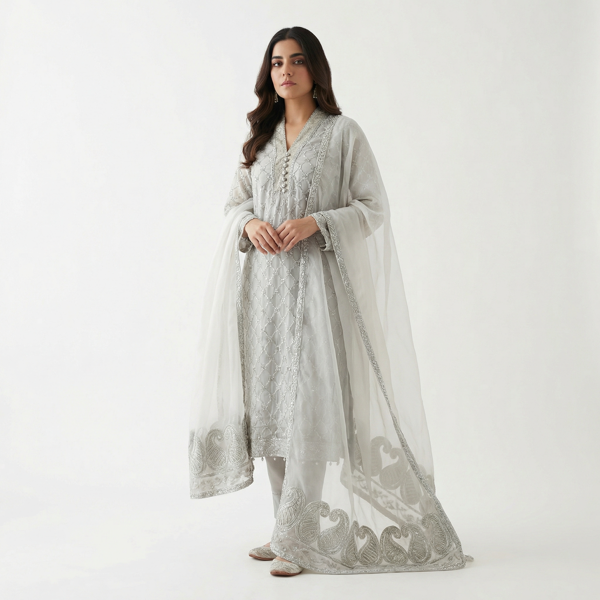 White Silver Embroidered 3-Piece Suit