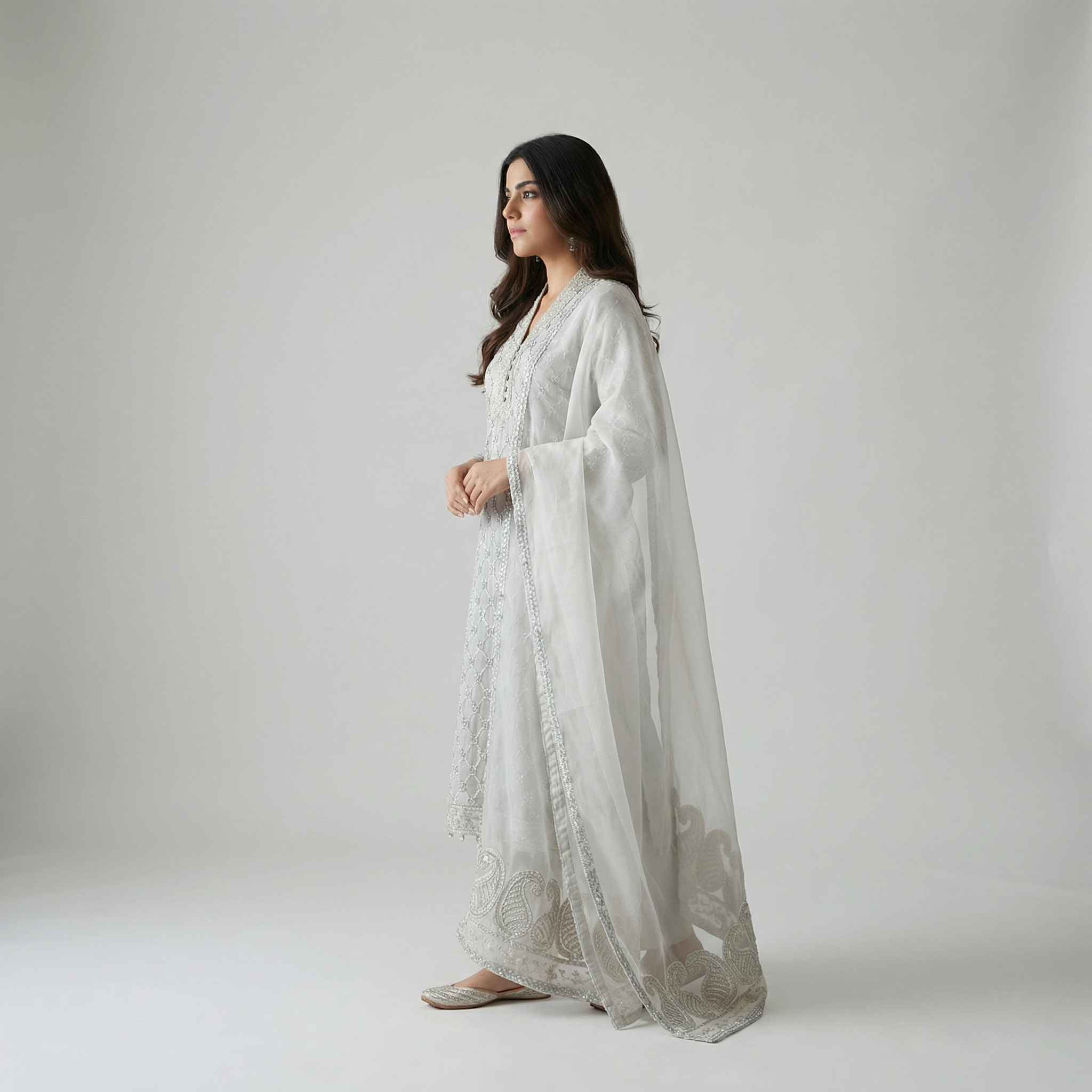 White Silver Embroidered 3-Piece Suit