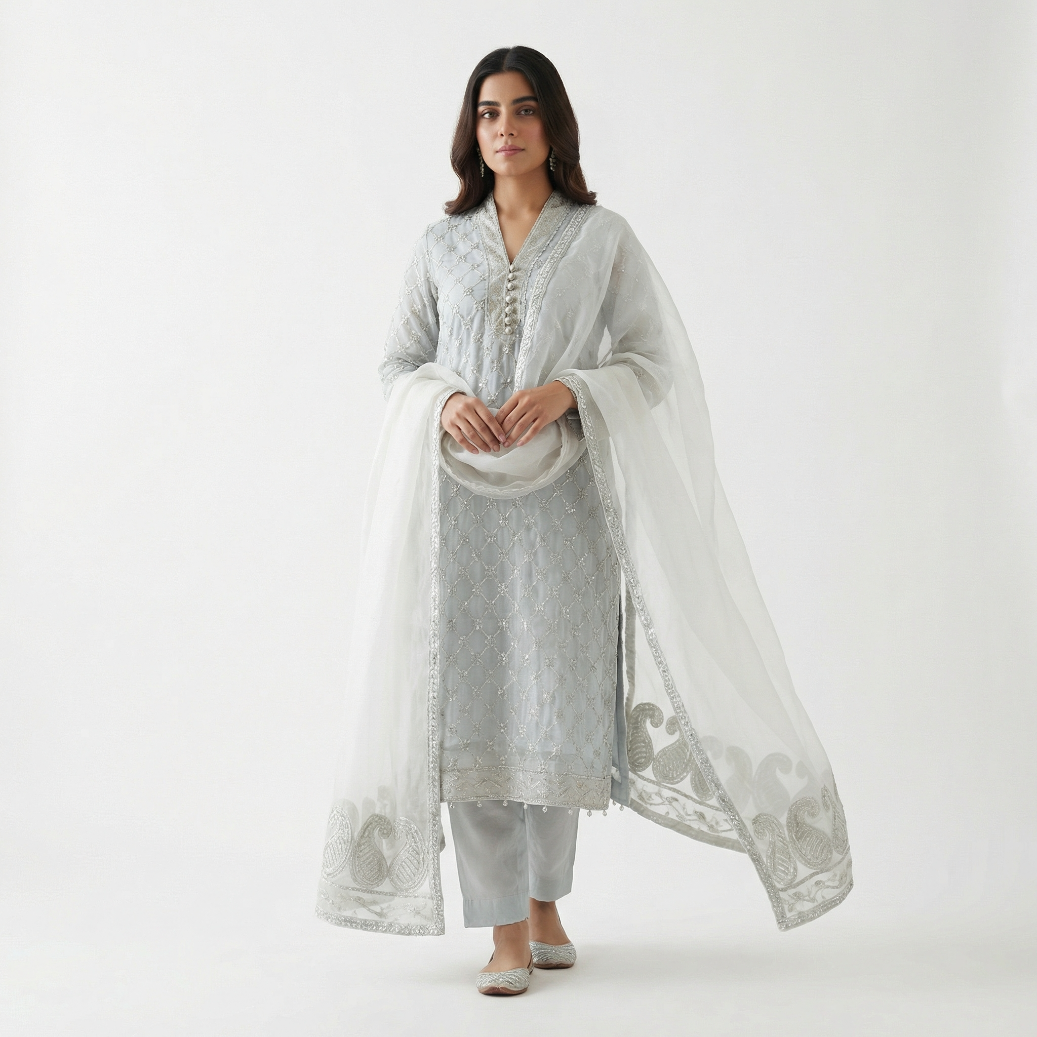 White Silver Embroidered 3-Piece Suit