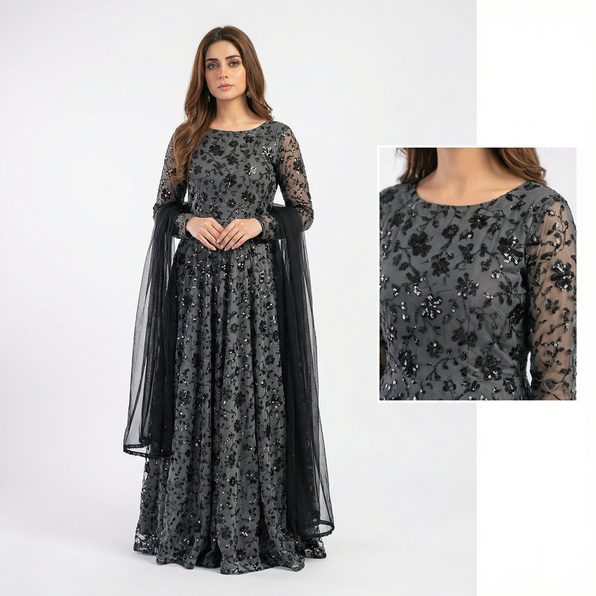 3-piece stitched suit, ready-to-wear Premium tissue net fabric Maxi