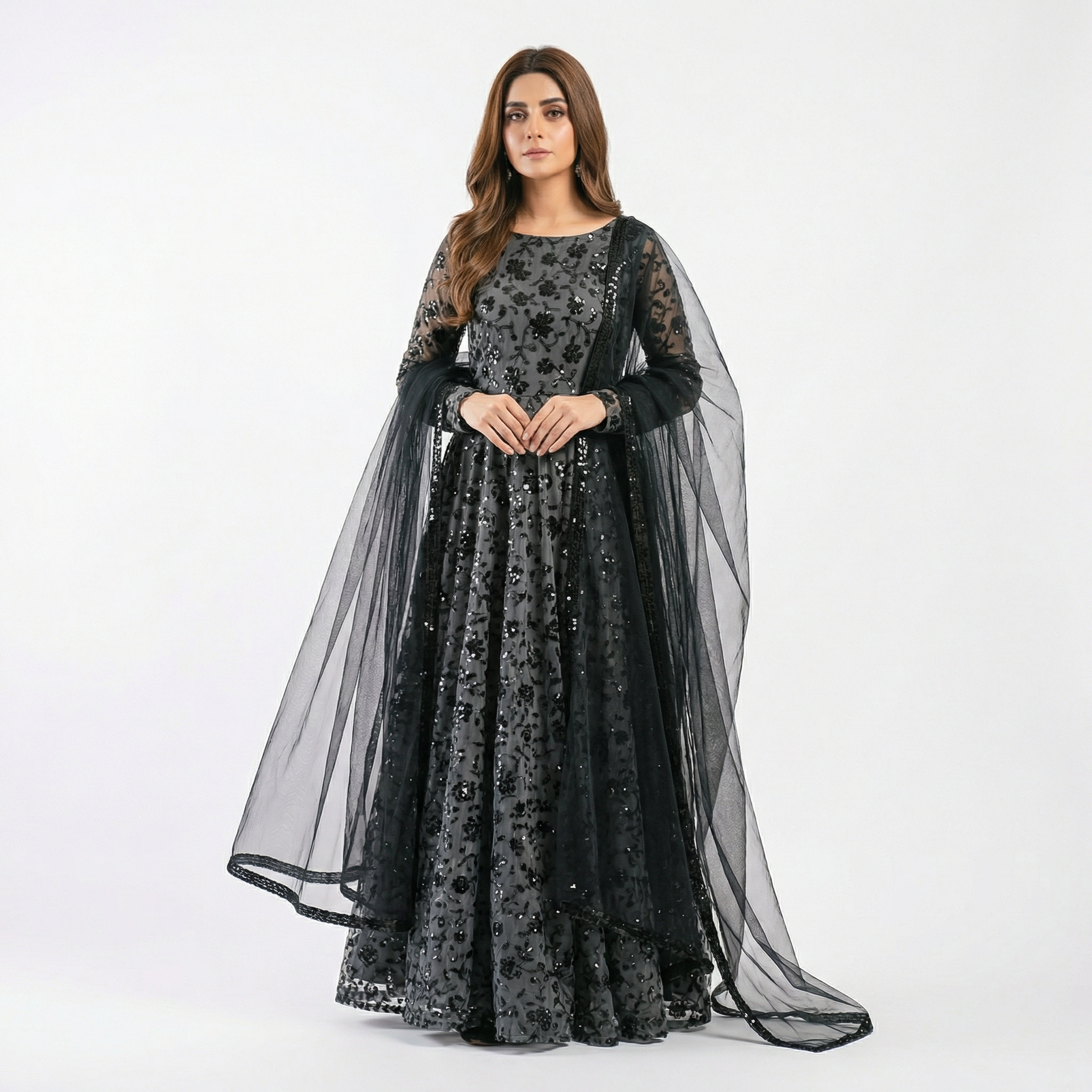 3-piece stitched suit, ready-to-wear Premium tissue net fabric Maxi