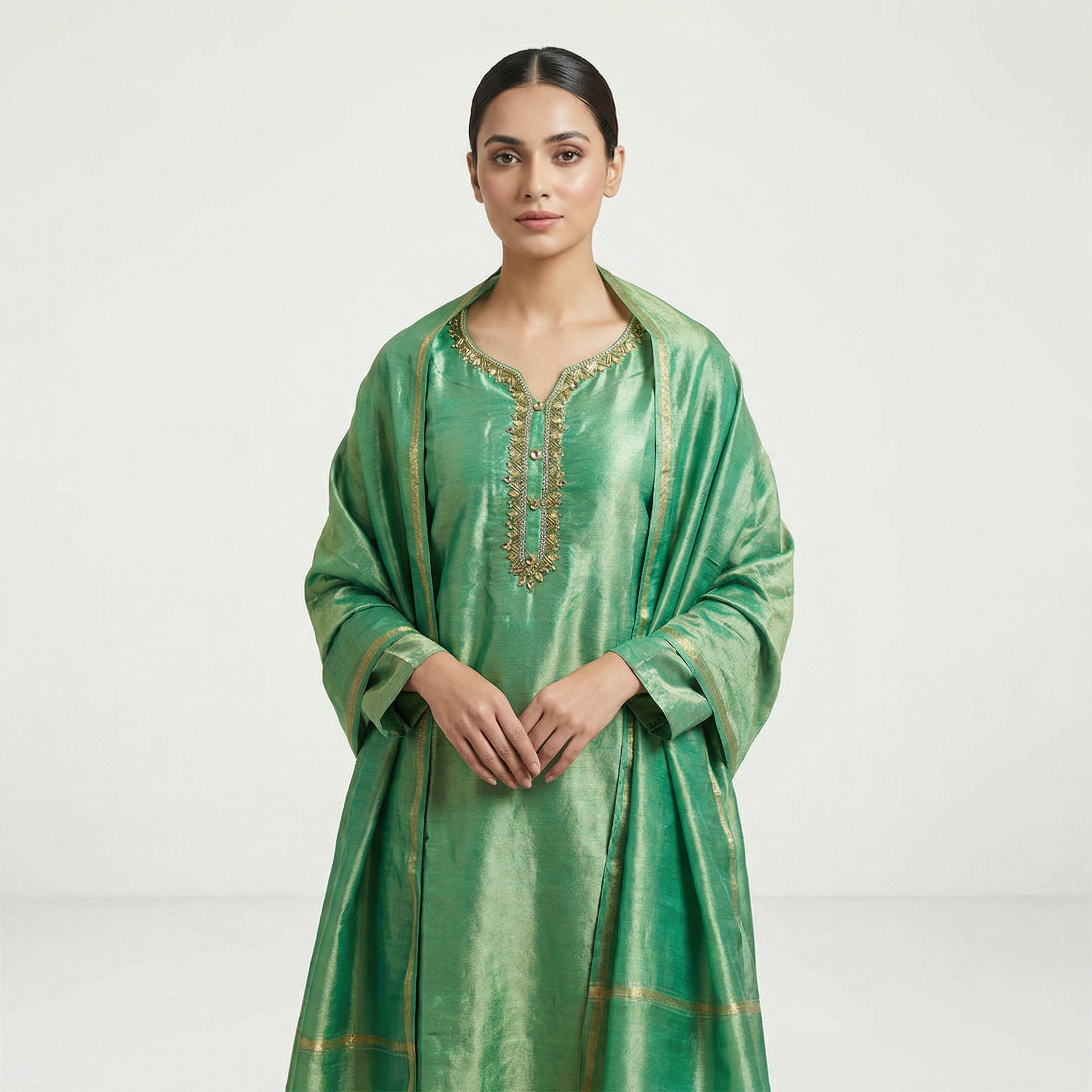 silk kameez with GOLDEN embroidered neckline and placket