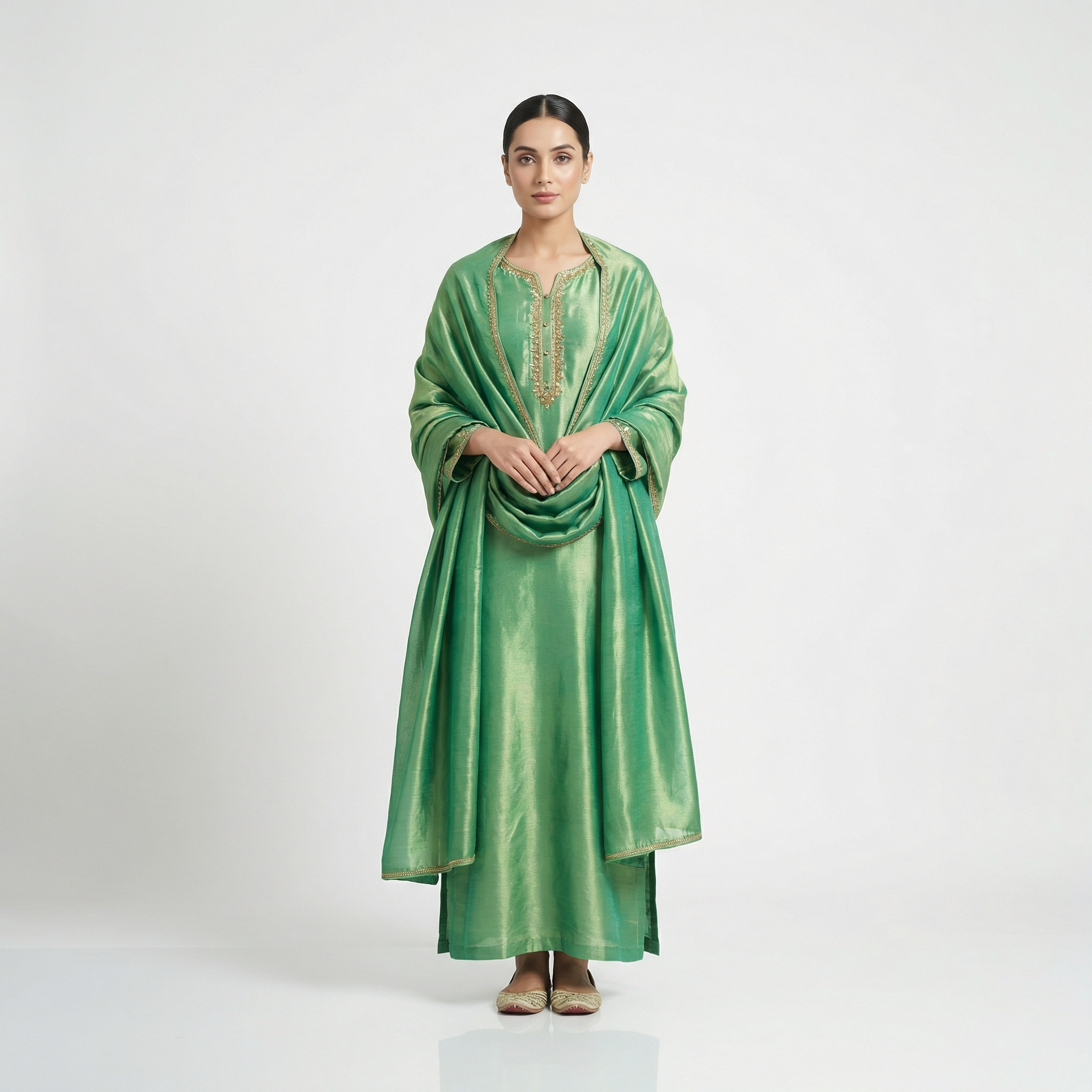 silk kameez with GOLDEN embroidered neckline and placket