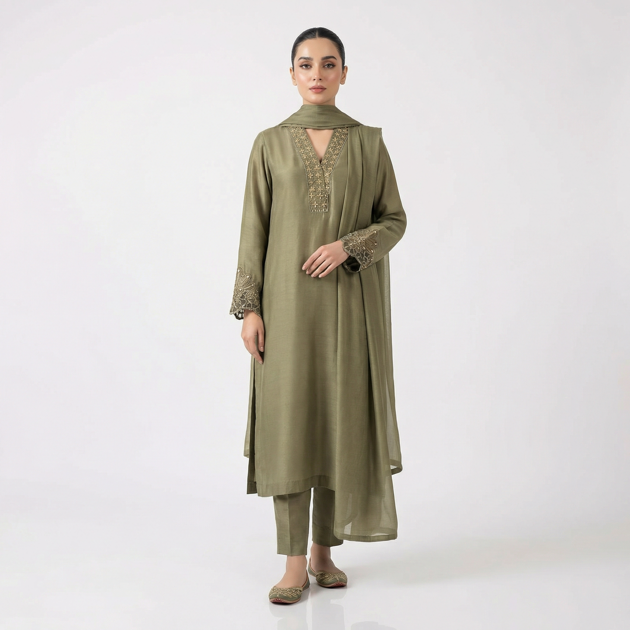 Ethnic silk kameez with light golden and handwork embroidered neckline and placket