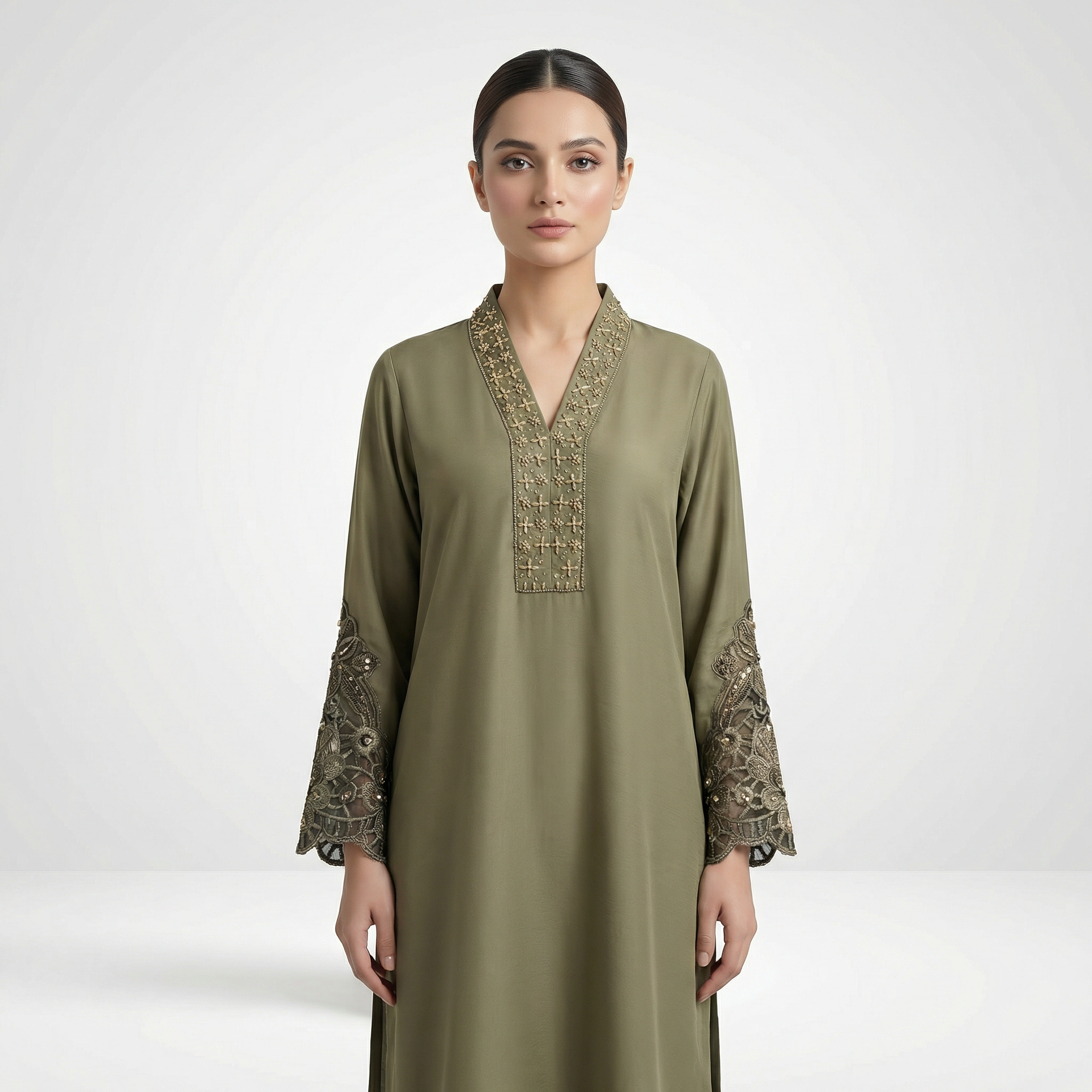 Ethnic silk kameez with light golden and handwork embroidered neckline and placket
