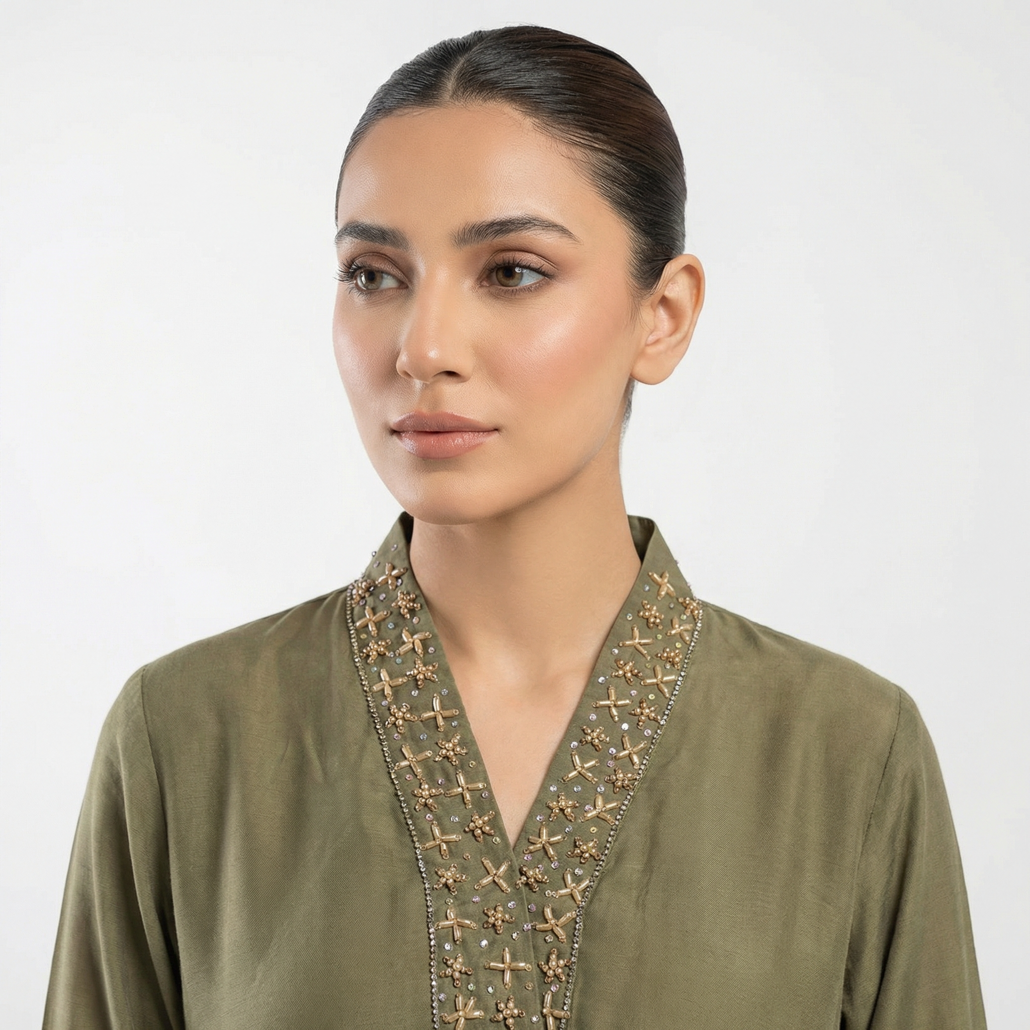 Ethnic silk kameez with light golden and handwork embroidered neckline and placket