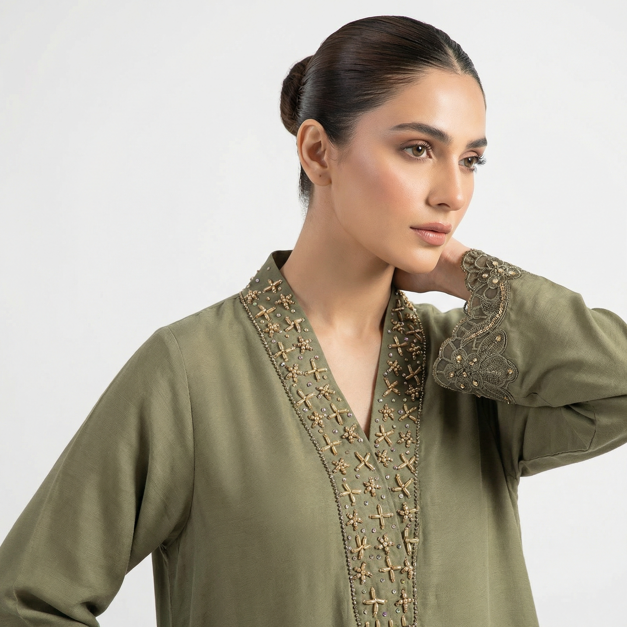 Ethnic silk kameez with light golden and handwork embroidered neckline and placket