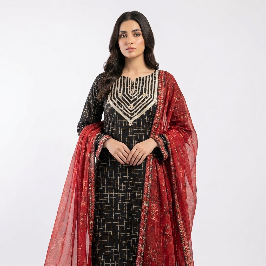 orignal bin saeed 3pc stitched suit with needl handwork nackline and sleeves
