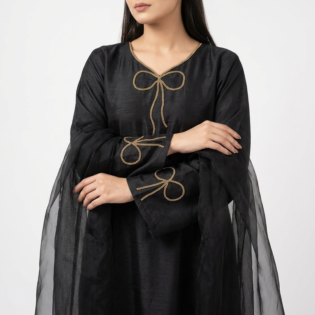 Origanal raw soft silk 3pc stitched with needle handwork Neckline and dubtta