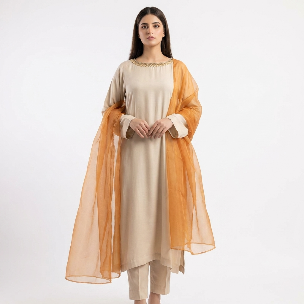 Orignal RAW SOFT SILK 3 pc stitched suit with needle handwork  nackline