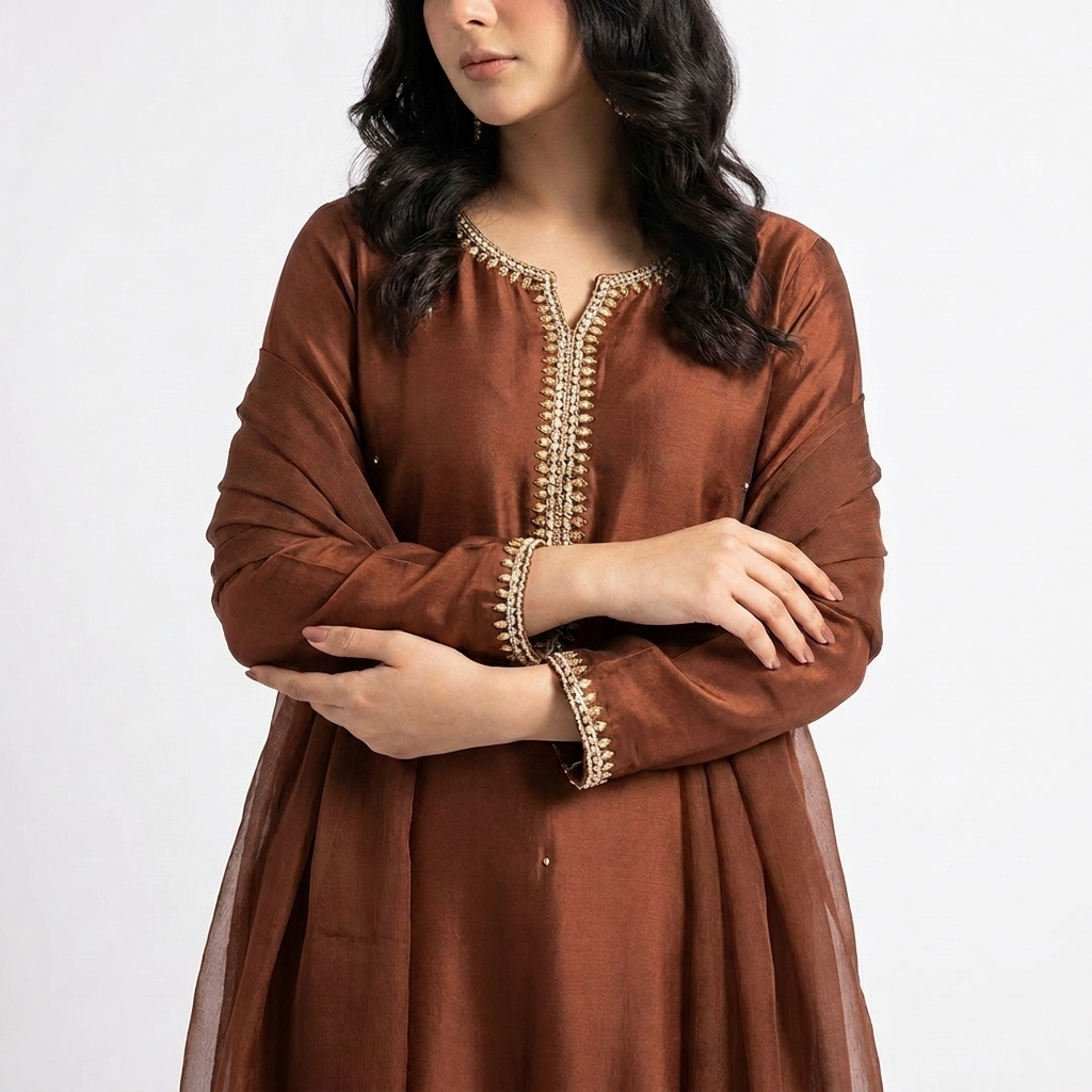 soft silk branded 3 pc sitiched suit with needle work sleeves and neckline