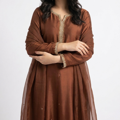 soft silk branded 3 pc sitiched suit with needle work sleeves and neckline