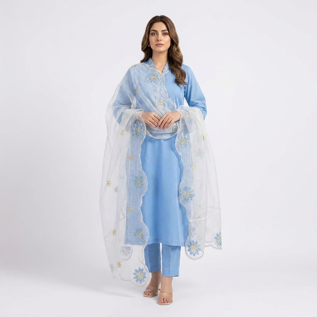 EID Outfit MARIA-B 3pc stitched handwork  neckline & Sleeves needle finishing