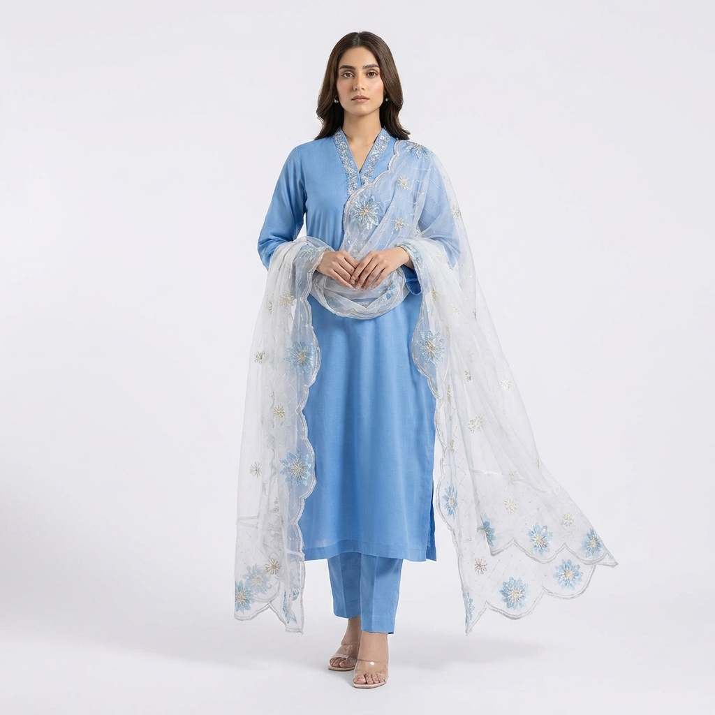 EID Outfit MARIA-B 3pc stitched handwork  neckline & Sleeves needle finishing