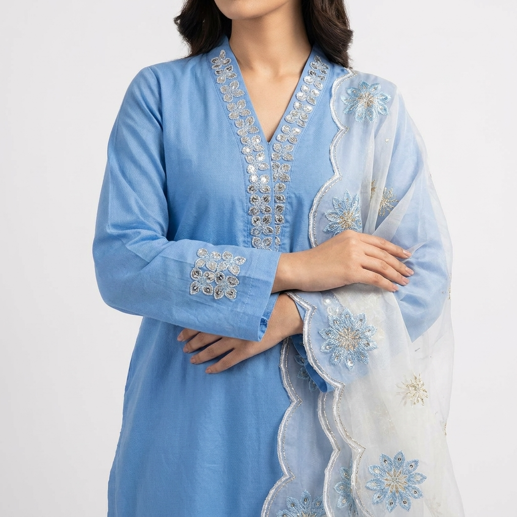EID Outfit MARIA-B 3pc stitched handwork  neckline & Sleeves needle finishing