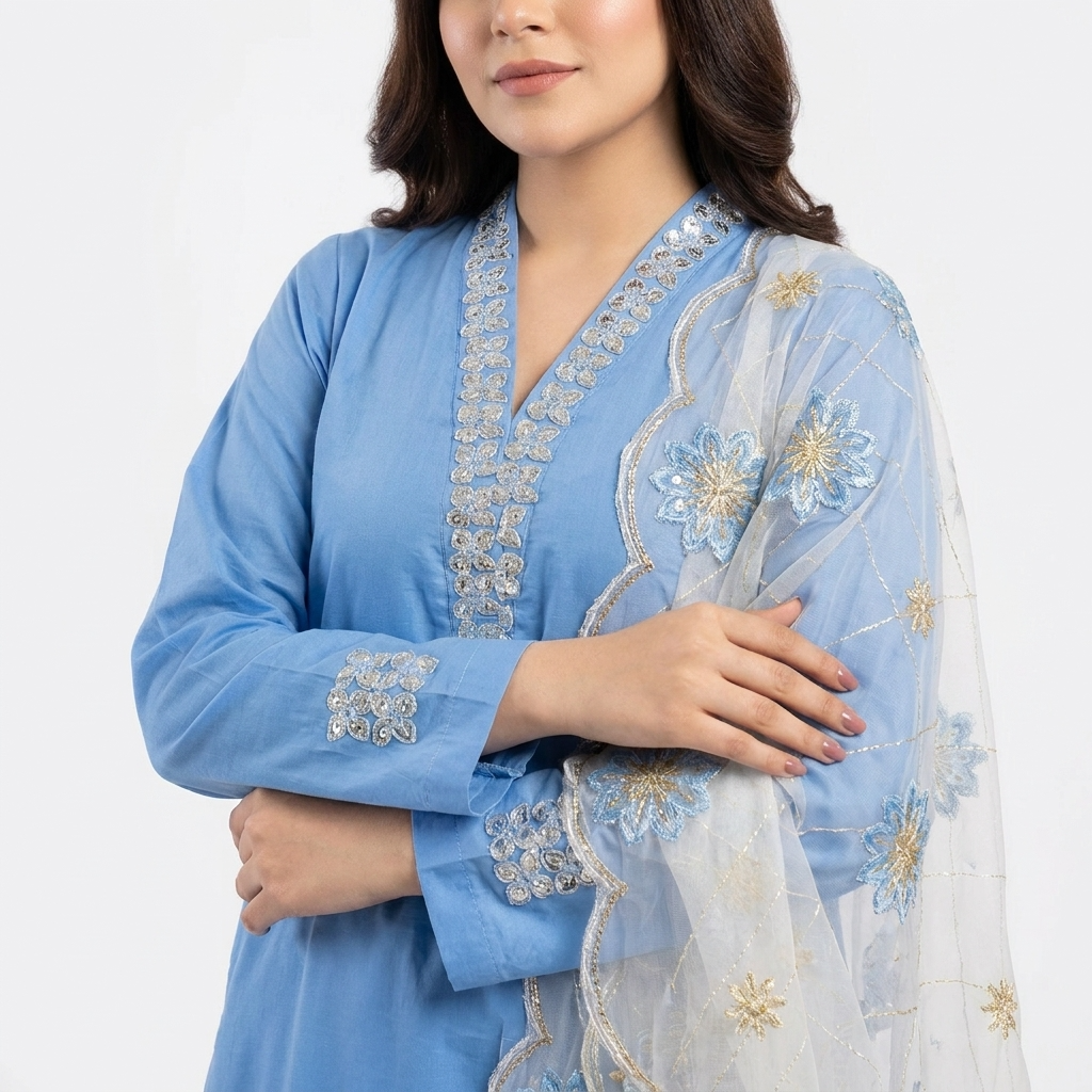 EID Outfit MARIA-B 3pc stitched handwork  neckline & Sleeves needle finishing