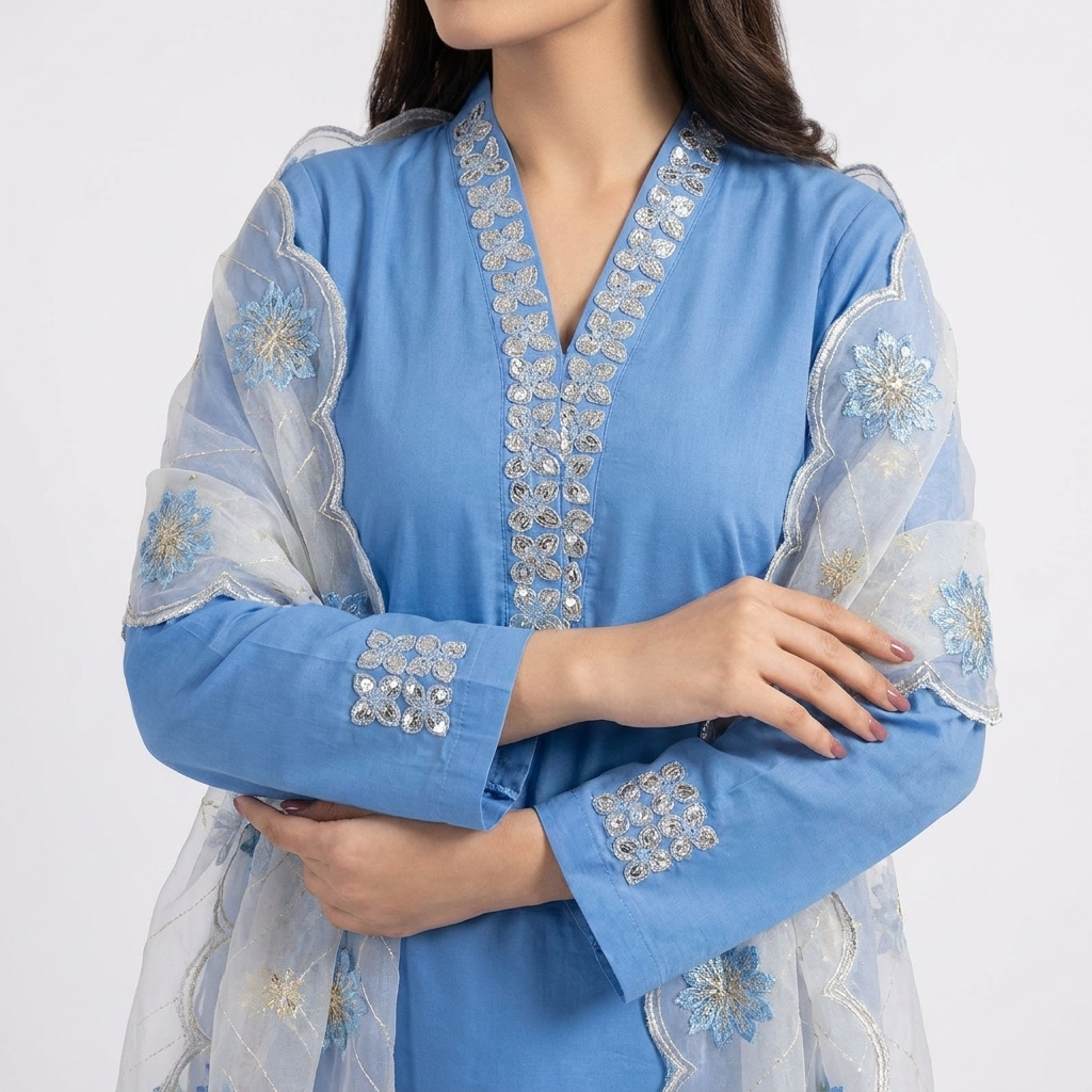 EID Outfit MARIA-B 3pc stitched handwork  neckline & Sleeves needle finishing