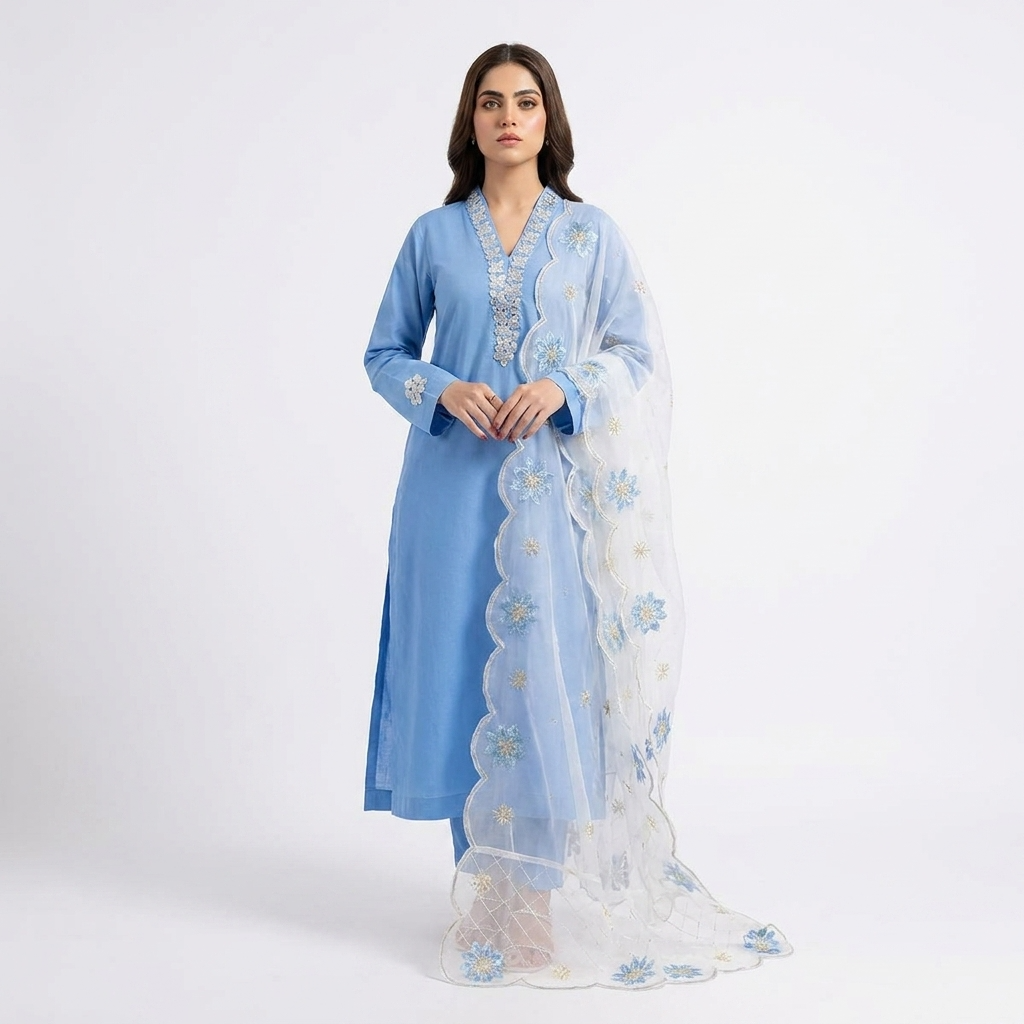 EID Outfit MARIA-B 3pc stitched handwork  neckline & Sleeves needle finishing