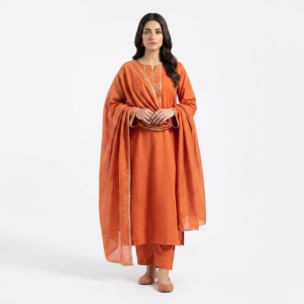 MARIA-B Outfit  stitched 3pc suit handwork neckline sleeves and trouser banarsi patches design neat needle finishing