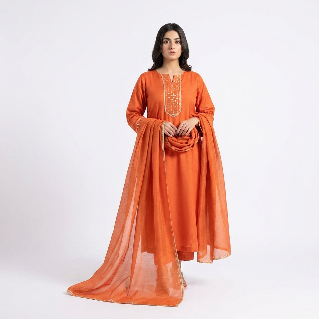 MARIA-B Outfit  stitched 3pc suit handwork neckline sleeves and trouser banarsi patches design neat needle finishing