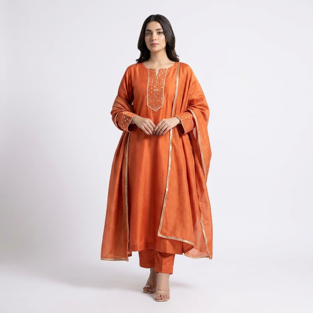 MARIA-B Outfit  stitched 3pc suit handwork neckline sleeves and trouser banarsi patches design neat needle finishing