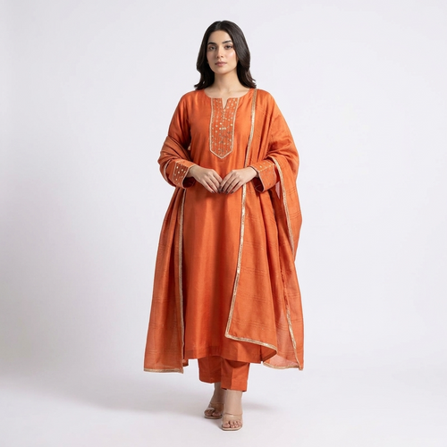 MARIA-B Outfit  stitched 3pc suit handwork neckline sleeves and trouser banarsi patches design neat needle finishing