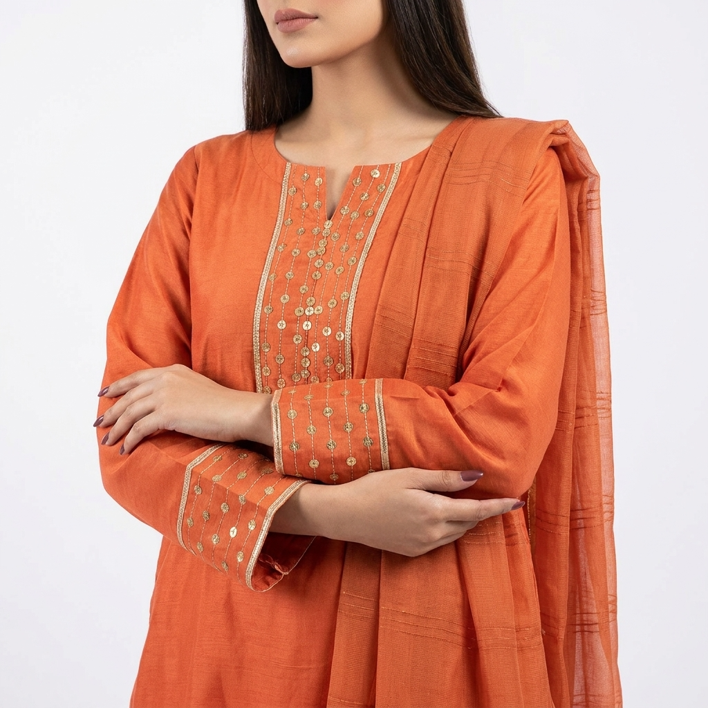 MARIA-B Outfit  stitched 3pc suit handwork neckline sleeves and trouser banarsi patches design neat needle finishing