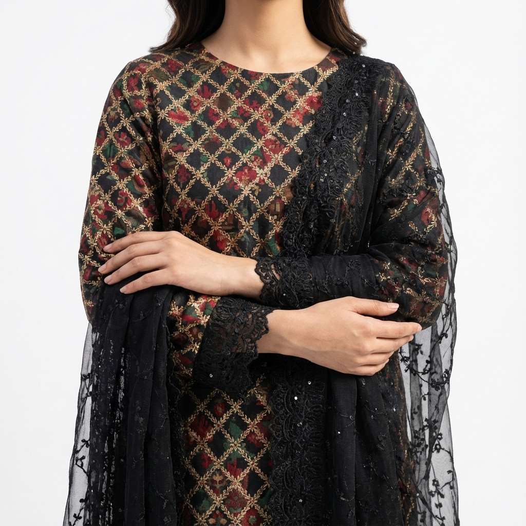 The Black & Gold Festive Tissue Embroidered 3-Piece Suit