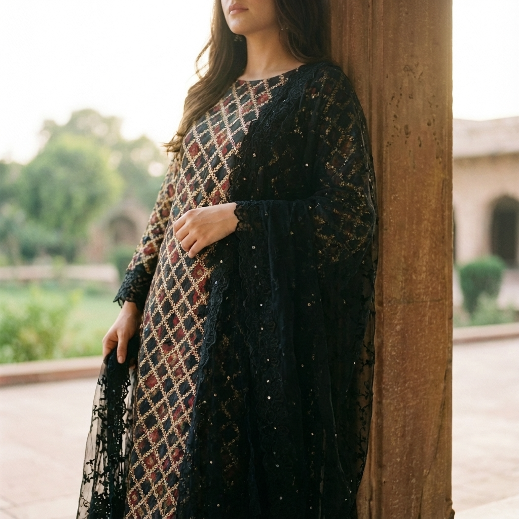 The Black & Gold Festive Tissue Embroidered 3-Piece Suit