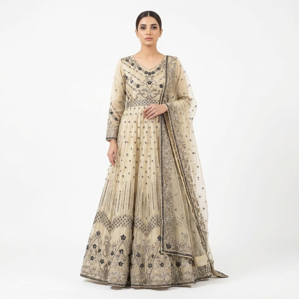 Beige Heavy Embroidered Net Suit