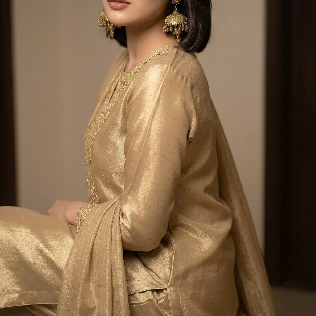 Golden Beige Embroidered Silk Suit