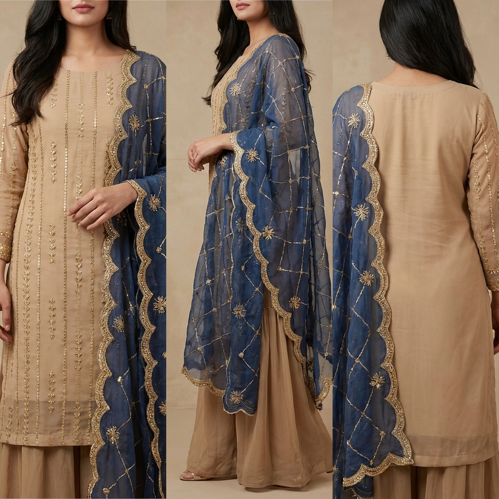 Beige Navy Embroidered Formal Suit