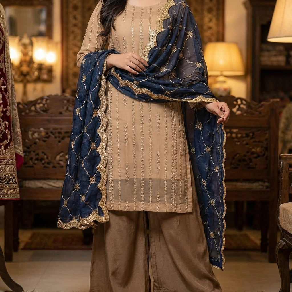 Beige Navy Embroidered Formal Suit