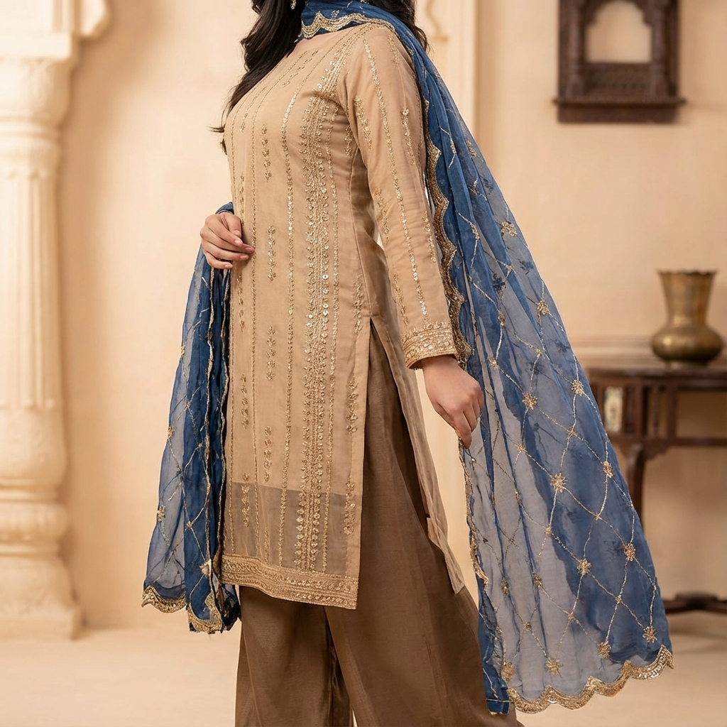 Beige Navy Embroidered Formal Suit