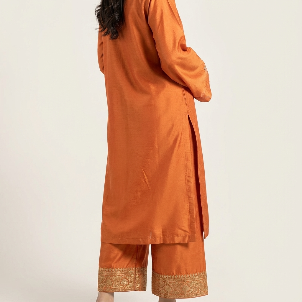 Mustard Brown Silk Hand Embroidered 2-Piece Suit with Banarsi Trouser