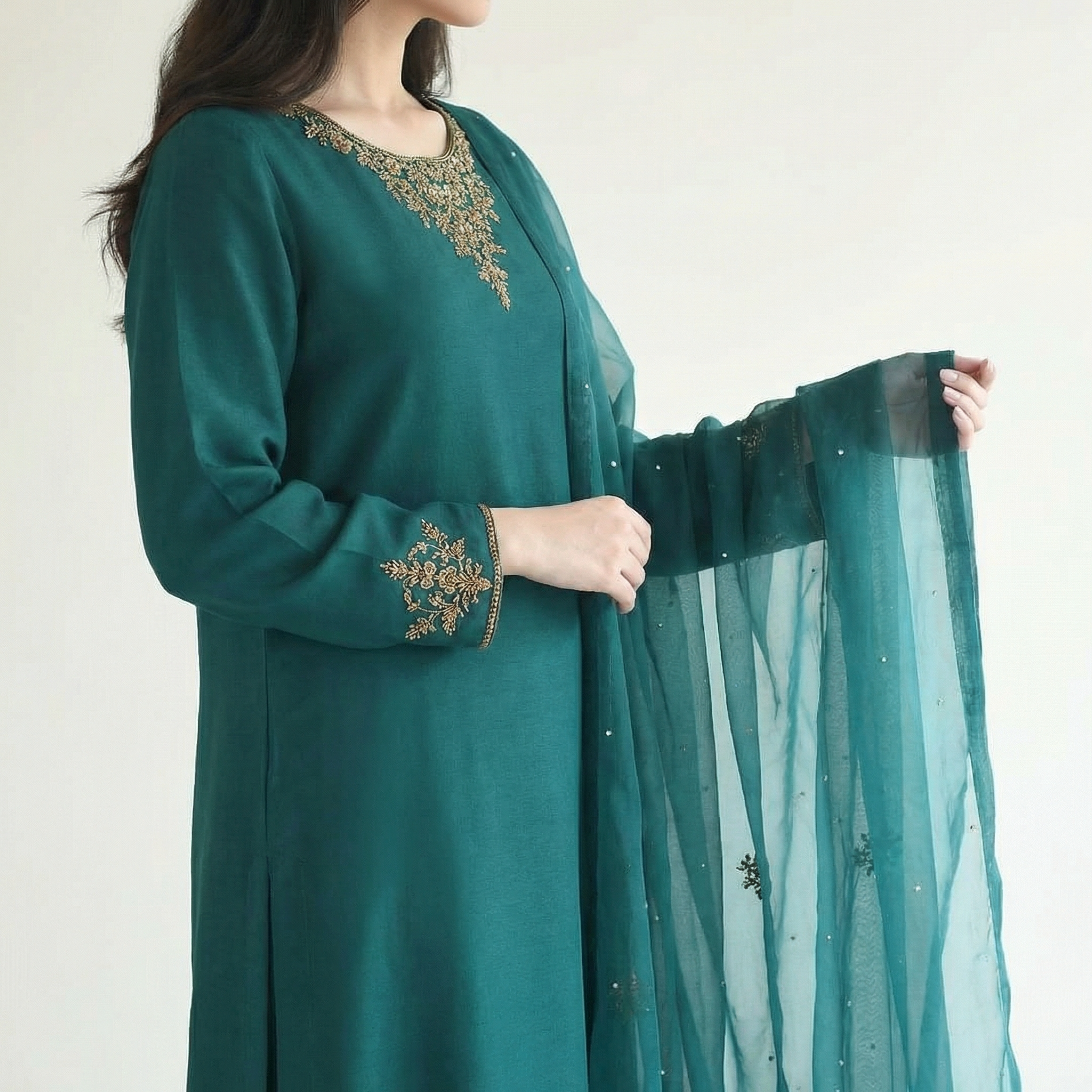 silk kameez with gold embroidered neckline stitched suit 3pc