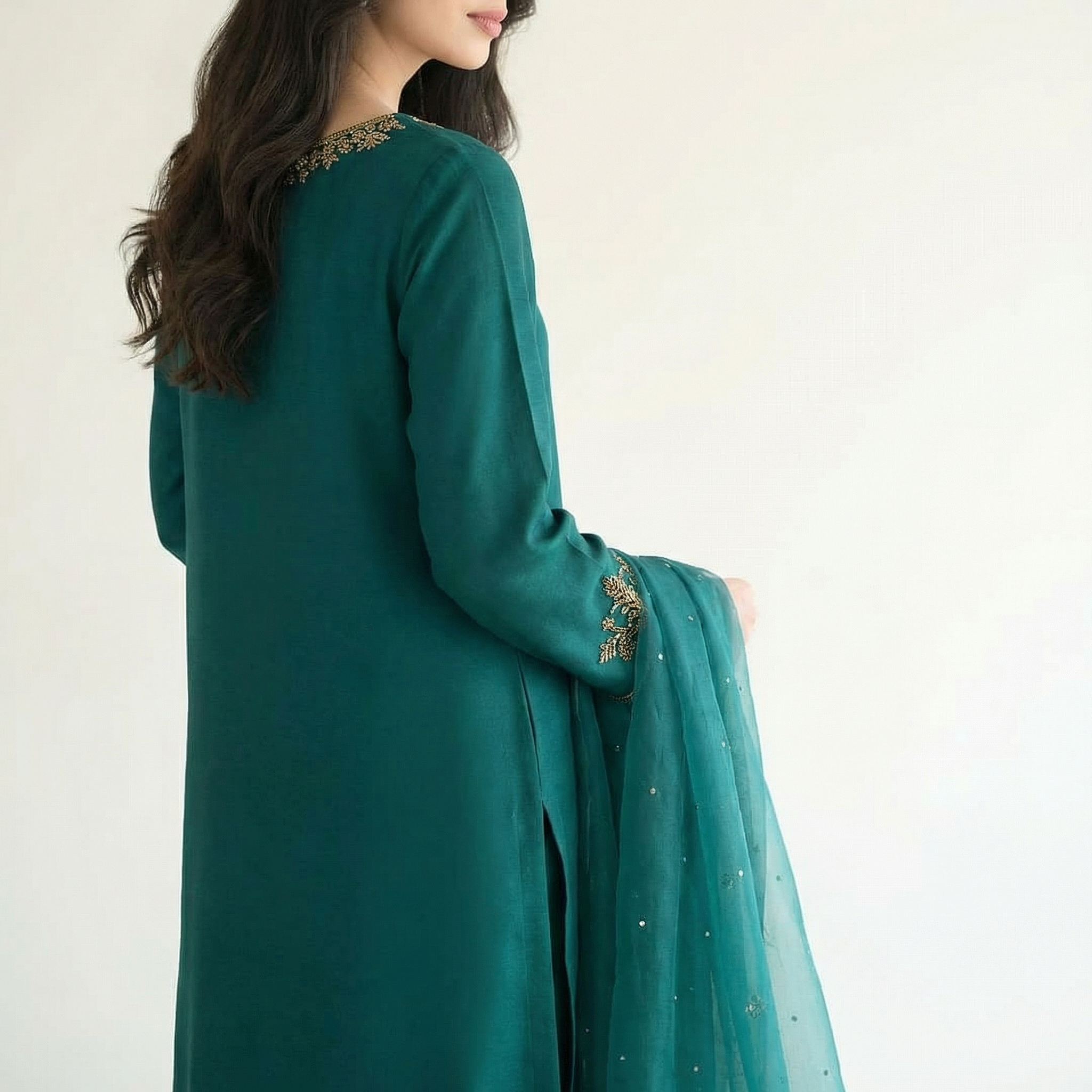 silk kameez with gold embroidered neckline stitched suit 3pc