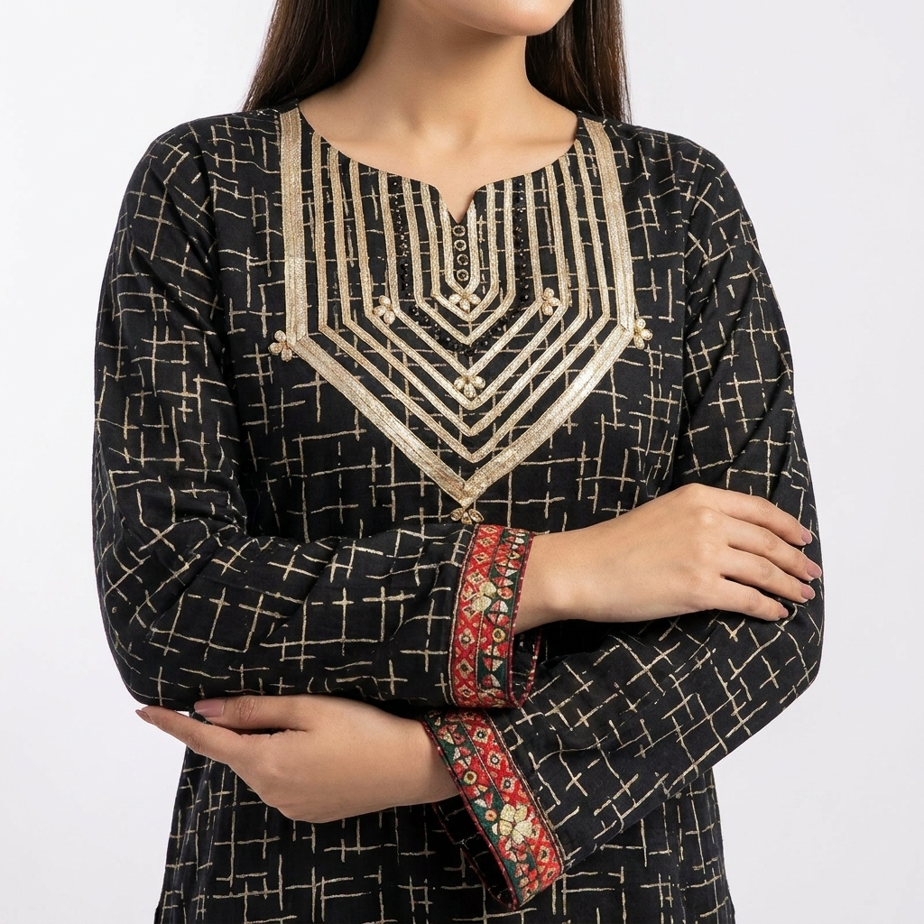 orignal bin saeed 3pc stitched suit with needl handwork nackline and sleeves