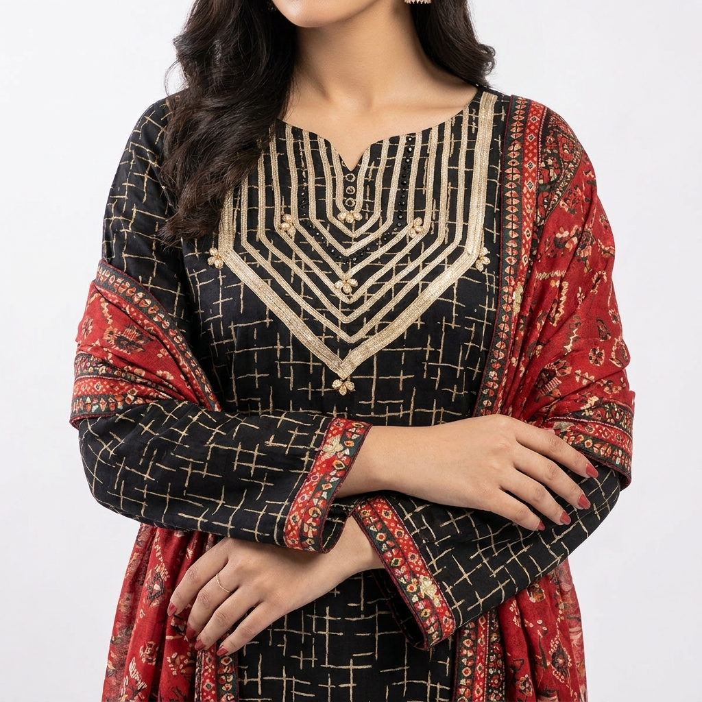 orignal bin saeed 3pc stitched suit with needl handwork nackline and sleeves