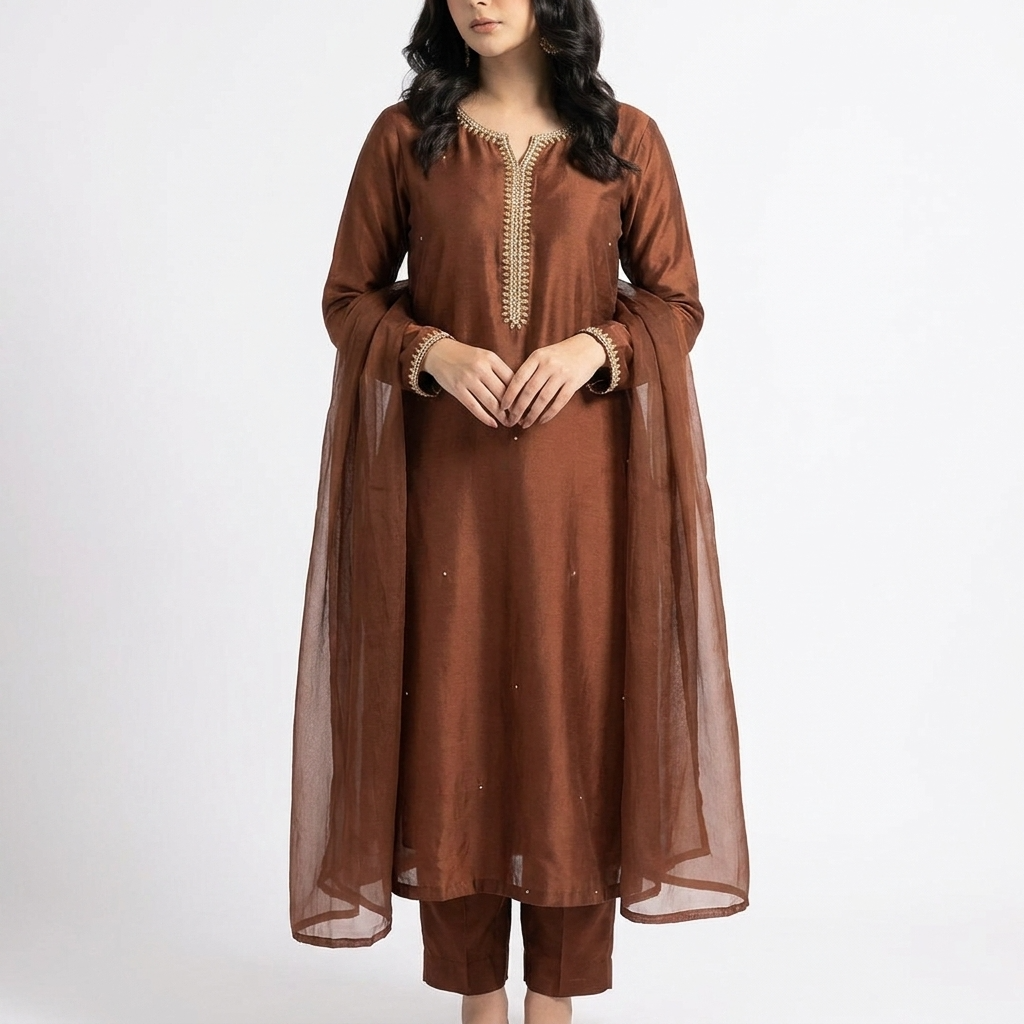soft silk branded 3 pc sitiched suit with needle work sleeves and neckline