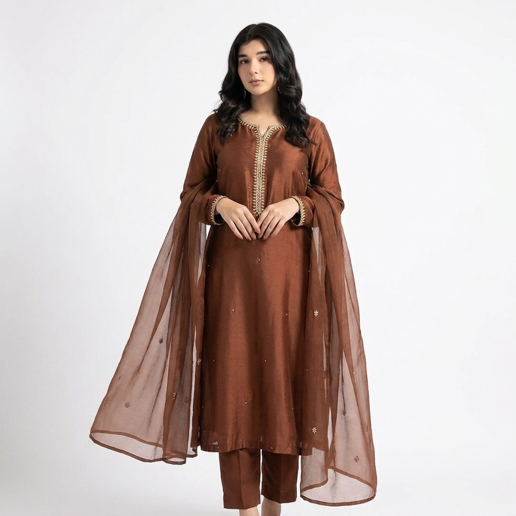 soft silk branded 3 pc sitiched suit with needle work sleeves and neckline