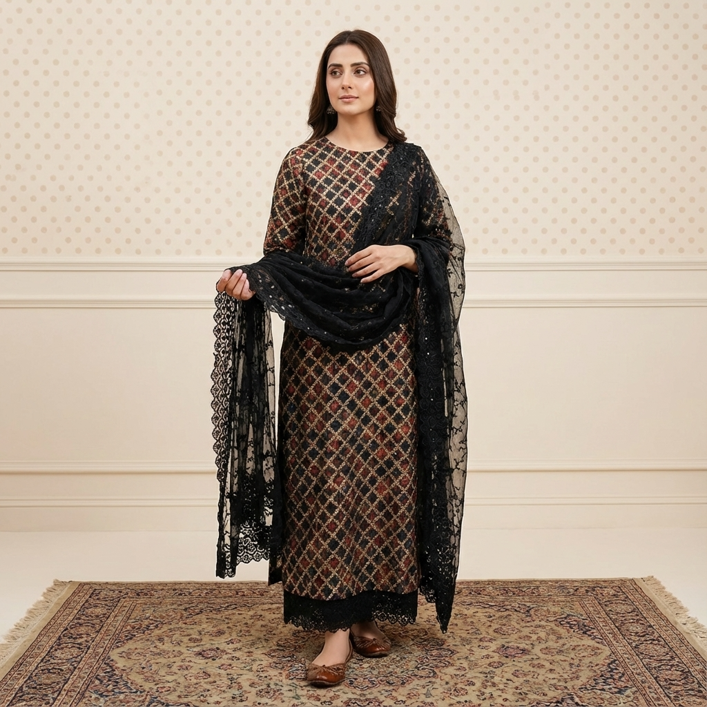 The Black & Gold Festive Tissue Embroidered 3-Piece Suit